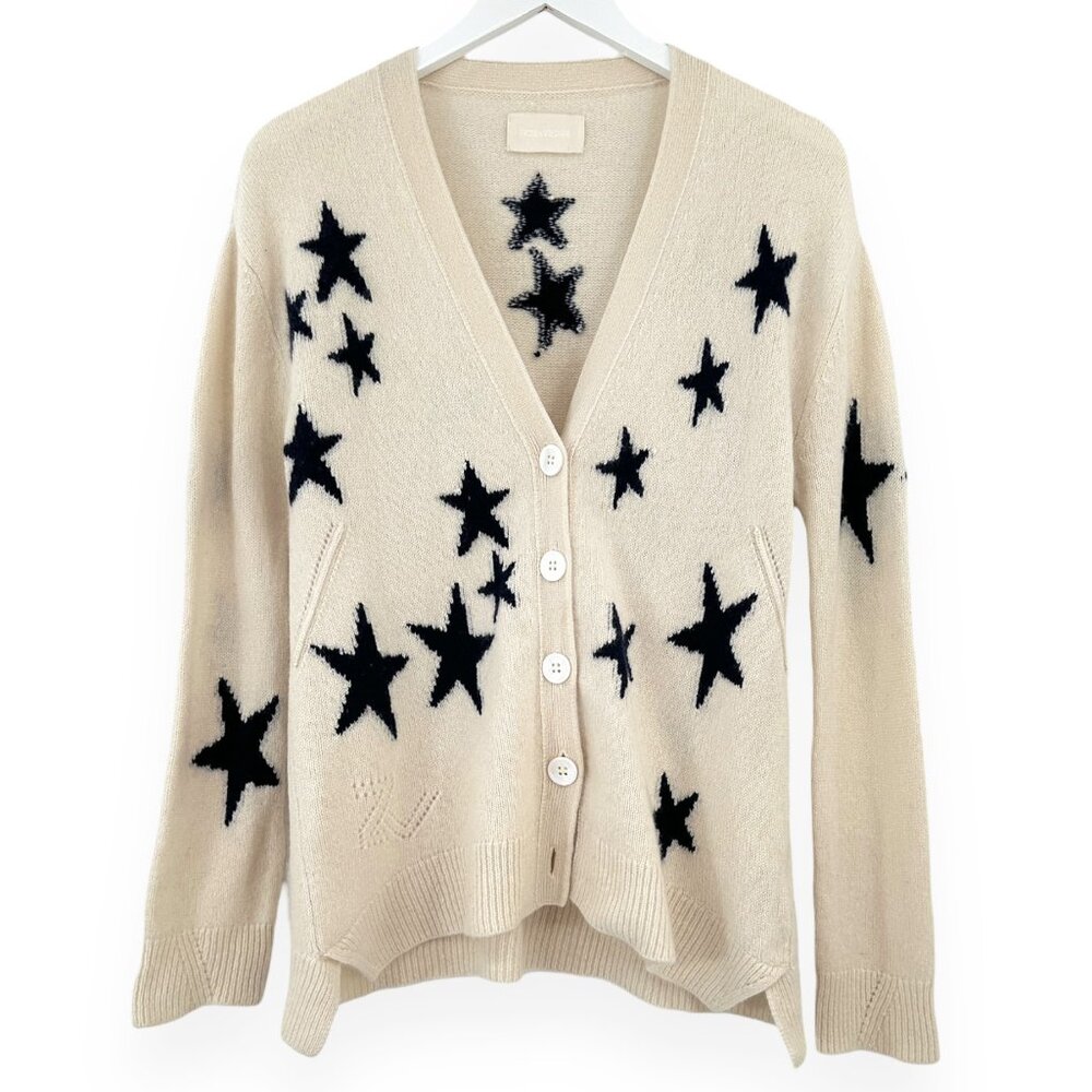 Zadig & Voltaire Cream White "Mirka" Star Motif Cashmere Cardigan sz M